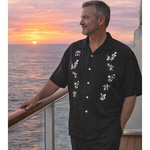 Nat Nast 100% Silk Embroidered Shirt Black XL Luxury Retro